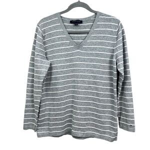 Tommy Hilfiger Sweater Striped Gray White V Neck Cotton Stretch Women Size L*